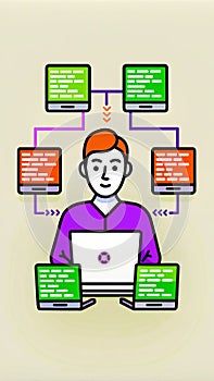 Illustration of a programmer managing multiple computer screens