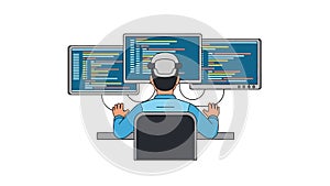 Programmer Working on Multiple Monitors with Code on Screens