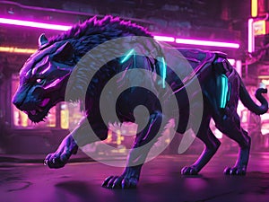 illustration of the prowess of a tiger robot in cyberpunk style