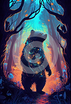 illustration of psychadelic bear in a glowing enchanted forrest photo