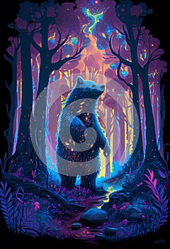 illustration of psychadelic bear in a glowing enchanted forrest photo