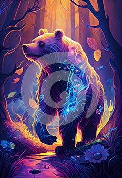 illustration of psychadelic bear in a glowing enchanted forrest photo
