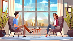 An illustration of a psychotherapist and patient meeting during a therapy session. Modern flat illustrations of