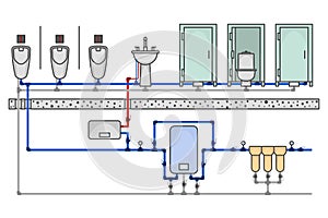 Illustration of a public toilet room with a detailed layout of the supply networks of water supply and sanitation. Cartoon