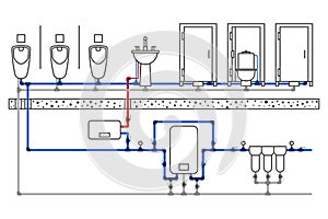 Illustration of a public toilet room with a detailed layout of the supply networks of water supply and sanitation. Monochrome
