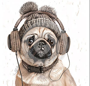 Illustration of a pug puppy in a knitted hat with headphones