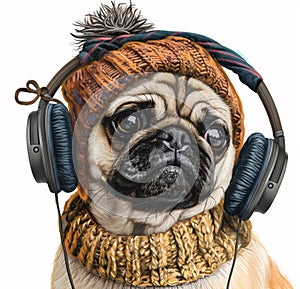 Illustration of a pug puppy in a knitted hat with headphones