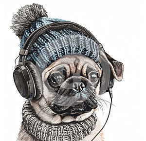 Illustration of a pug puppy in a knitted hat with headphones