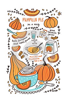  illustration. Pumpkin pie in a mug. Pumpkin recipe for thanksgiving day for tea towel design