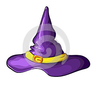 Illustration of purple cartoon Halloween witch hat with buckle isolated on white background. Symbol of witchcraft. Halloween