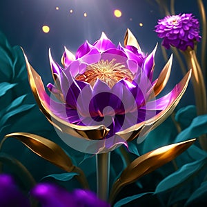 Illustration of a purple flower on a dark blue background with golden elements Generative AI