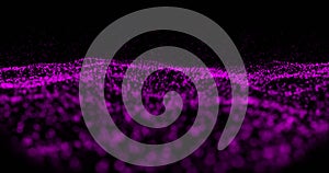 Illustration of purple particles forming wave pattern against black background, copy space