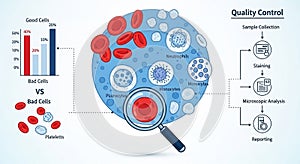 Illustration of a quality control process in hematology shows a large cell surrounded