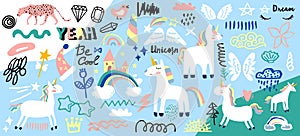 Collection of handwritten slogans or phrases and decorative design elements hand drawn in trendy doodle style - unicorn, rainbow