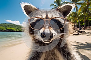 illustration of an raccon wearing sunglasses on the beach. Generative AI