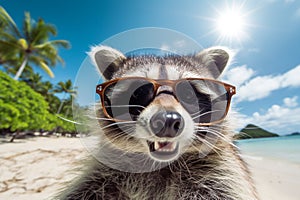 illustration of an raccon wearing sunglasses on the beach. Generative AI