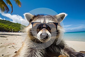illustration of an raccon wearing sunglasses on the beach. Generative AI photo