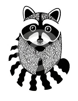 Illustration of a raccoon in black isolated on a white background. Printmaking style.