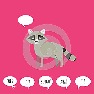 Illustration of raccoon with speech bubble. Flat style.