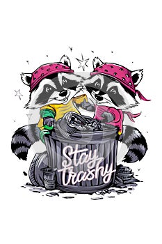 Illustration of raccoons scavenging for food in a garbage bins
