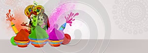 Illustration of Radha Krishna Faces in festival of hindu`s with colrful background and colorful buckets and pichkari, balloons