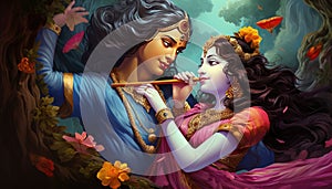 illustration of radha krishna in love watercolor painting