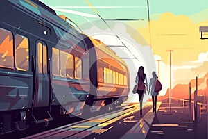 illustration of railway station, two woman stands at the platform, travel by train and adventures