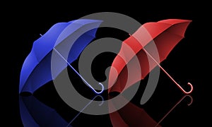 Illustration of rain blue and red umbrellas on dark background and its reflection