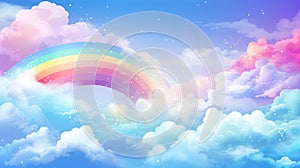 Illustration of rainbow clouds with shining stars. Fairytale fantasy sky background. Cartoon style. Copy Space.