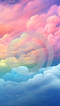 Illustration of rainbow colored clouds. Fairytale fantasy sky background. Cartoon style. Dreamy fantasy soft backdrop or