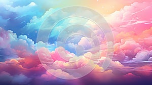 Illustration of rainbow colored clouds. Fairytale fantasy sky background. Cartoon style. Dreamy fantasy soft backdrop