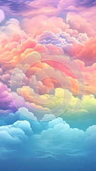 Illustration of rainbow colored clouds. Fairytale fantasy sky background. Dreamy fantasy soft backdrop or wallpaper