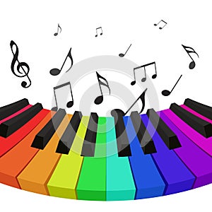Illustration of rainbow colored piano keys with musical notes.