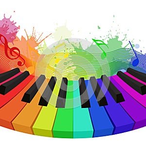 Illustration of rainbow colored piano keys, musical notes