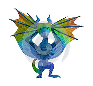 Illustration of a rainbow dragon looking forward with hands clasped while standing isolated on a white background