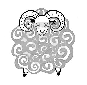 Illustration of a ram isolated on a white background. Printmaking style.