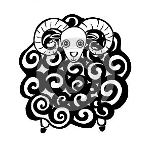 Illustration of a ram isolated on a white background. Printmaking style.