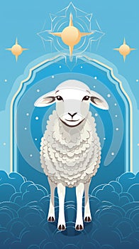 Illustration of a ram on a white cloud on a blue background.