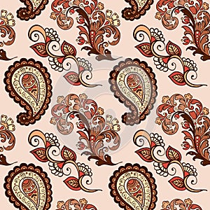 Illustration raster seamless paisley pattern with patterns on light brown background