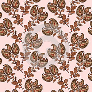 Illustration raster seamless paisley pattern with patterns on a pink background