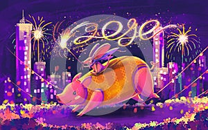 Illustration of rat and pig for happy new year