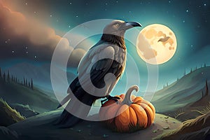 illustration with raven and pumpkins on a halloween theme