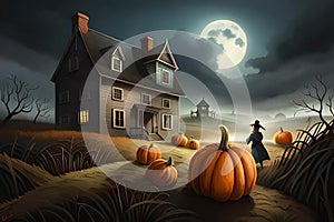 illustration with raven and pumpkins on a halloween theme