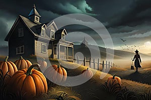 illustration with raven and pumpkins on a halloween theme