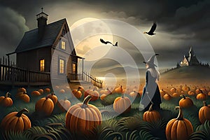 illustration with raven and pumpkins on a halloween theme