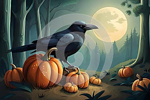 illustration with raven and pumpkins on a halloween theme