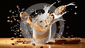 Illustration of realistic chocolate chip cookies milk splash