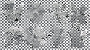 Illustration of a realistic set of glass cracks isolated on a transparent background. Depicting broken windows, monitor