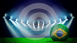 illustration of realistic soccer ball painted in the national flag of Brazil on lighted stadium. Vector can be used in advertising