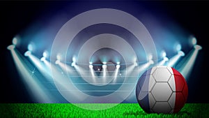 illustration of realistic soccer ball painted in the national flag of France on lighted stadium. Vector can be used in advertising